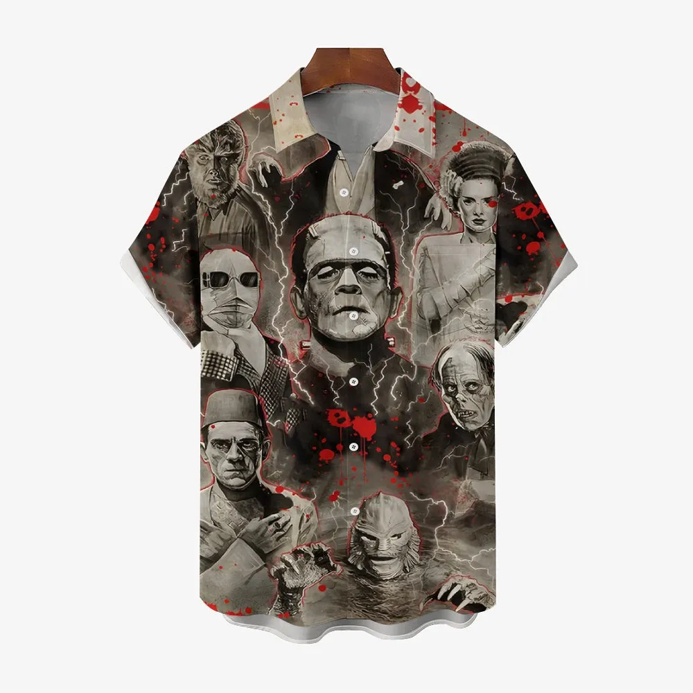 Horror Character Print Bamboo Linen Short Sleeve Shirt 2406000409