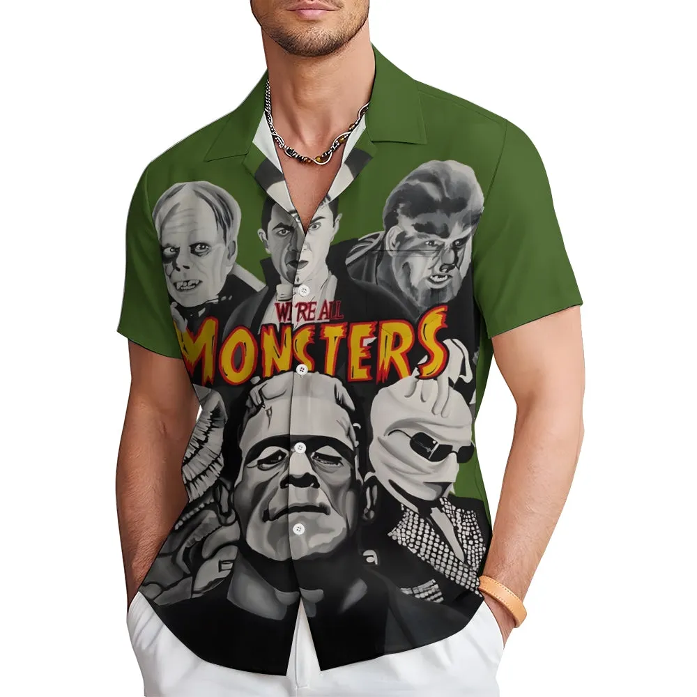 Horror Character Print Bamboo Linen Short Sleeve Shirt 2406000409