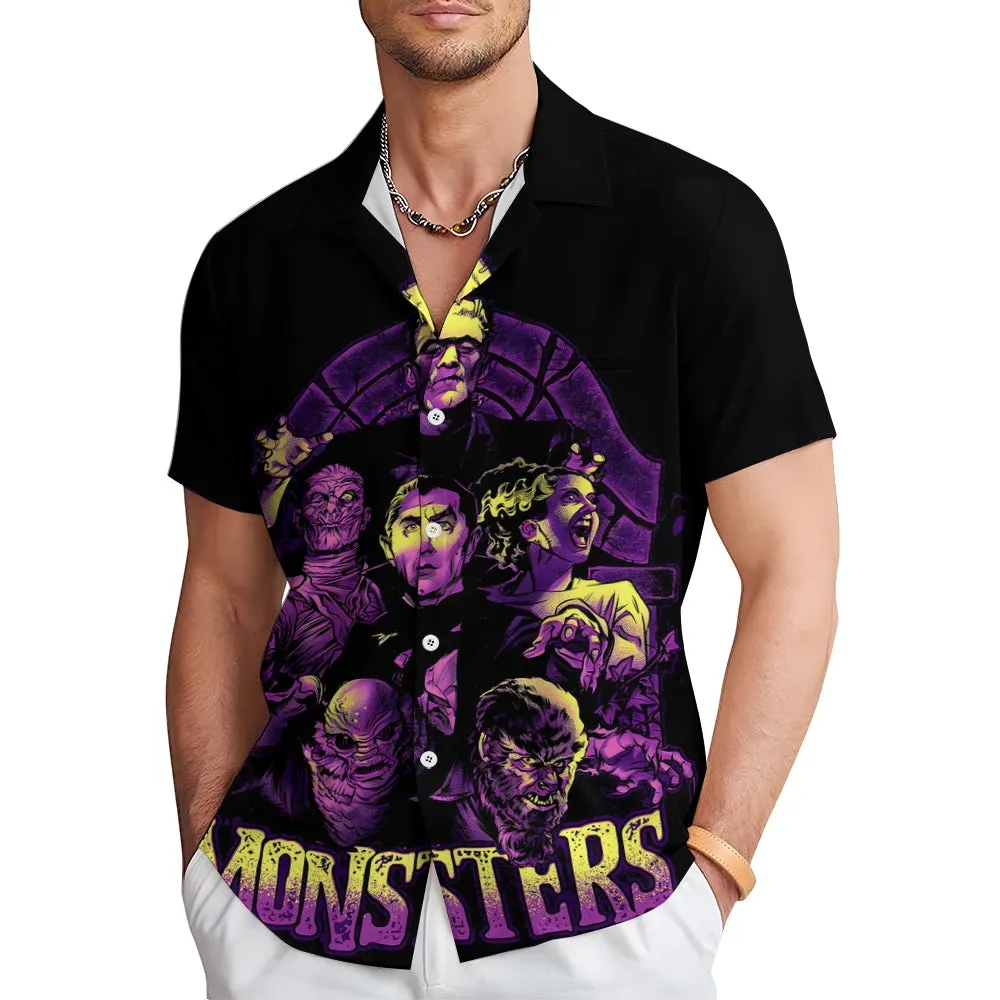 Horror Character Print Bamboo Linen Short Sleeve Shirt 2406000409