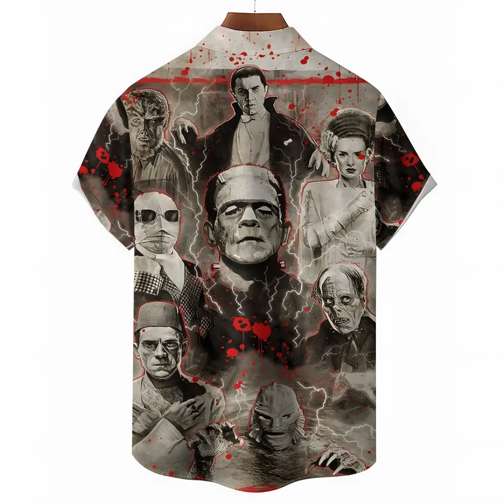 Horror Character Print Bamboo Linen Short Sleeve Shirt 2406000409