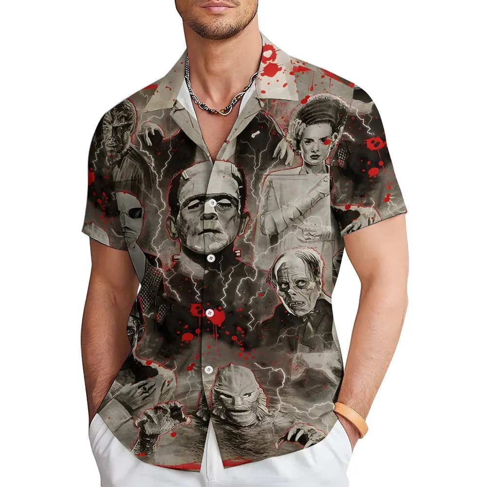 Horror Character Print Bamboo Linen Short Sleeve Shirt 2406000409
