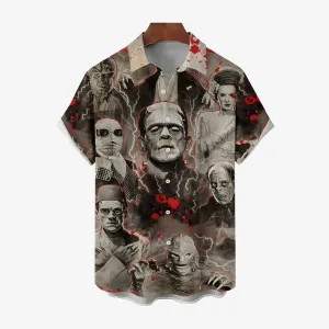 Horror Character Print Bamboo Linen Short Sleeve Shirt 2406000409