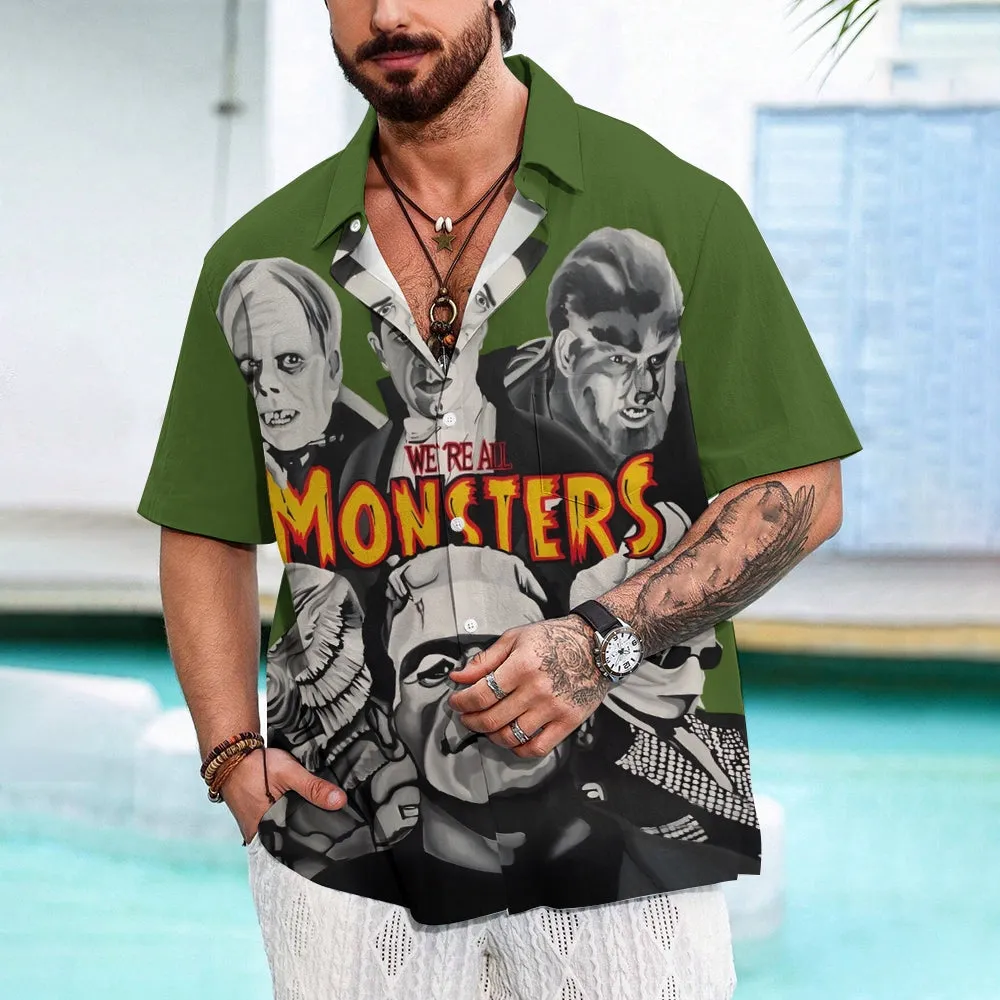 Horror Character Print Bamboo Linen Short Sleeve Shirt 2406000409