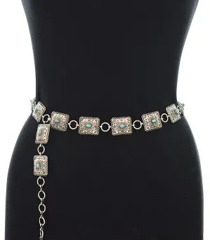 Julie Fashion Concho Link Belt With Stone Accents - Turquoise