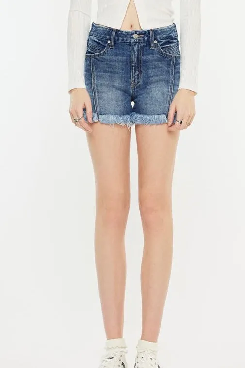 KanCan High Rise Front Seam Frayed Shorts- Medium Wash