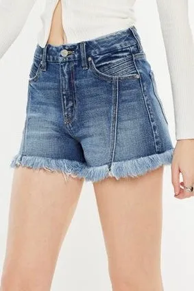 KanCan High Rise Front Seam Frayed Shorts- Medium Wash