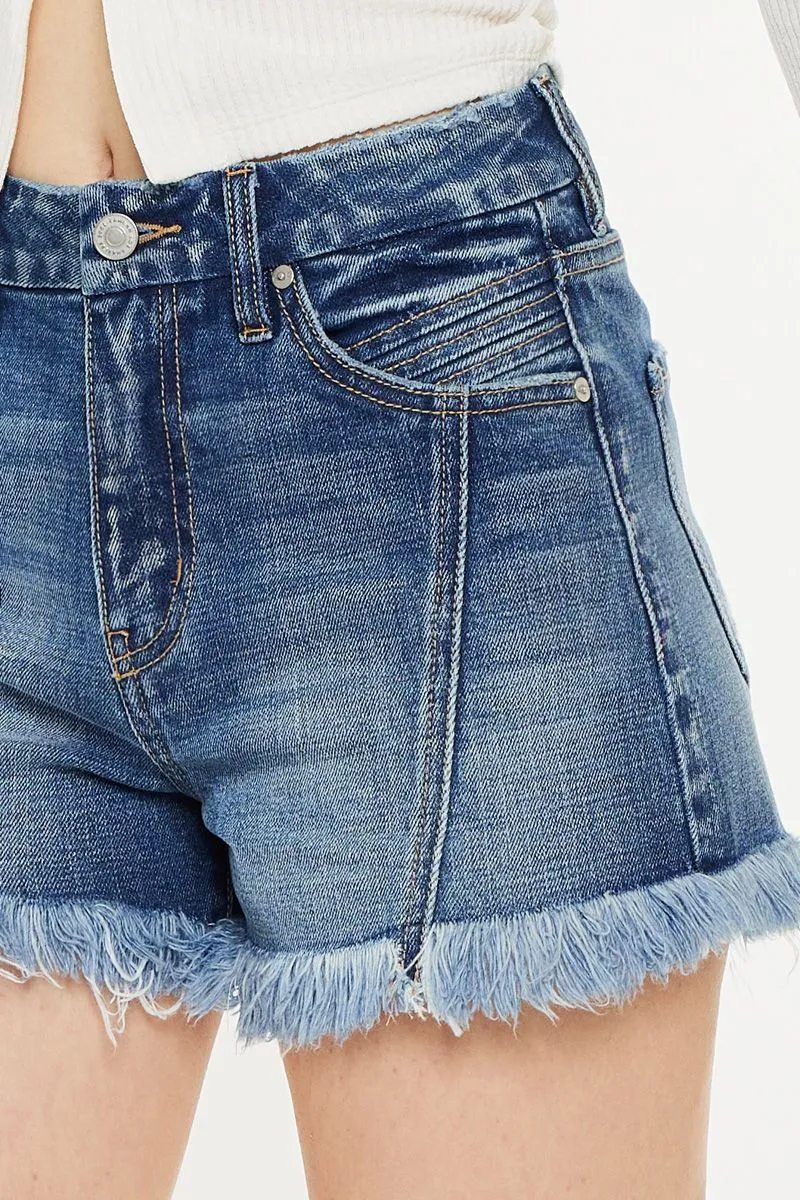 KanCan High Rise Front Seam Frayed Shorts- Medium Wash