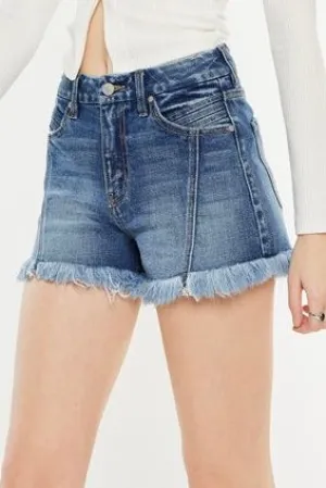 KanCan High Rise Front Seam Frayed Shorts- Medium Wash