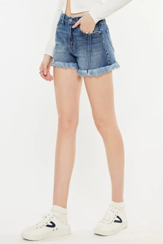 KanCan High Rise Front Seam Frayed Shorts- Medium Wash