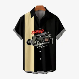 Men's Car Print Large Slub Linen Short Sleeve Shirt