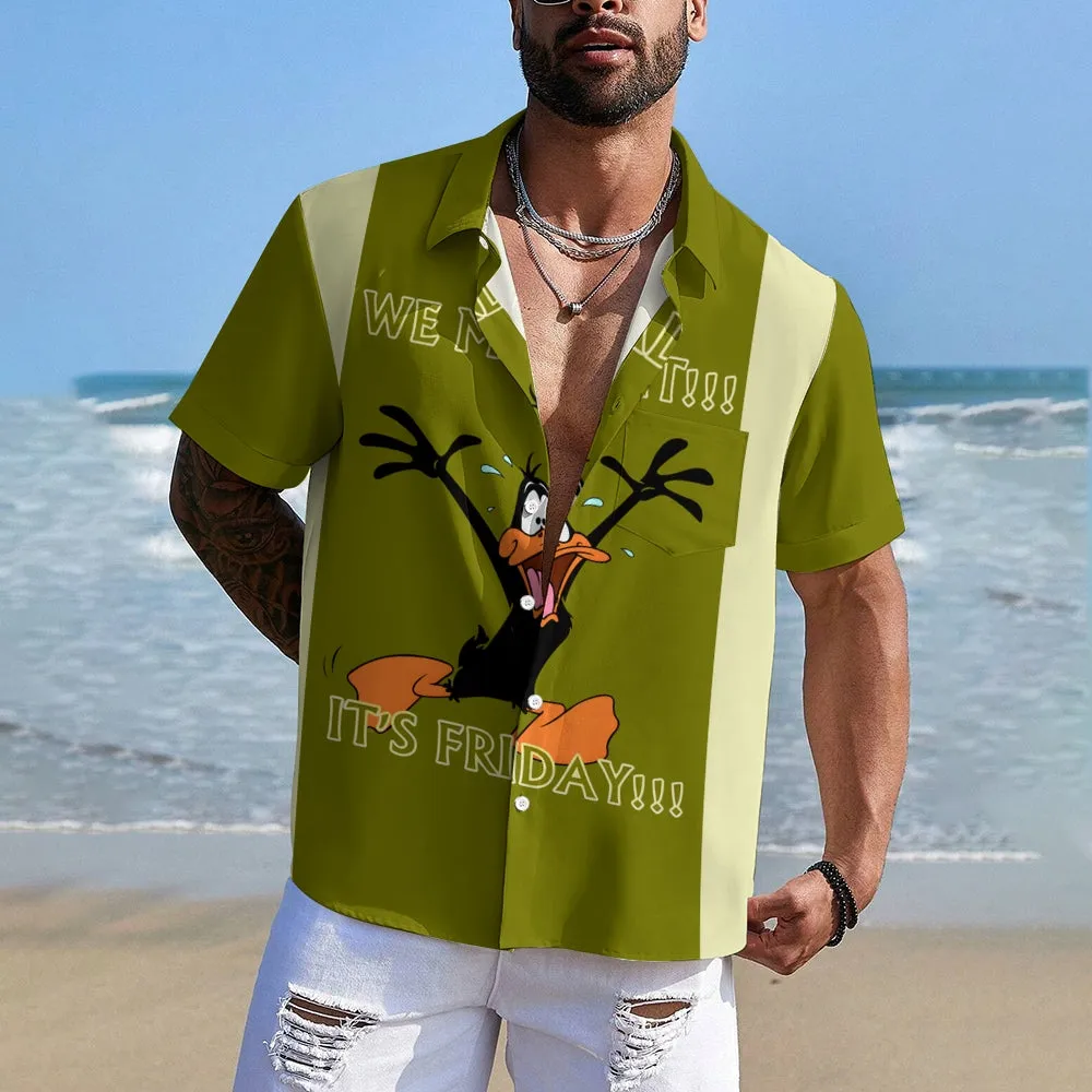 Men's Cartoon Character Print Large Bamboo Linen Short Sleeve Shirt 2406000556
