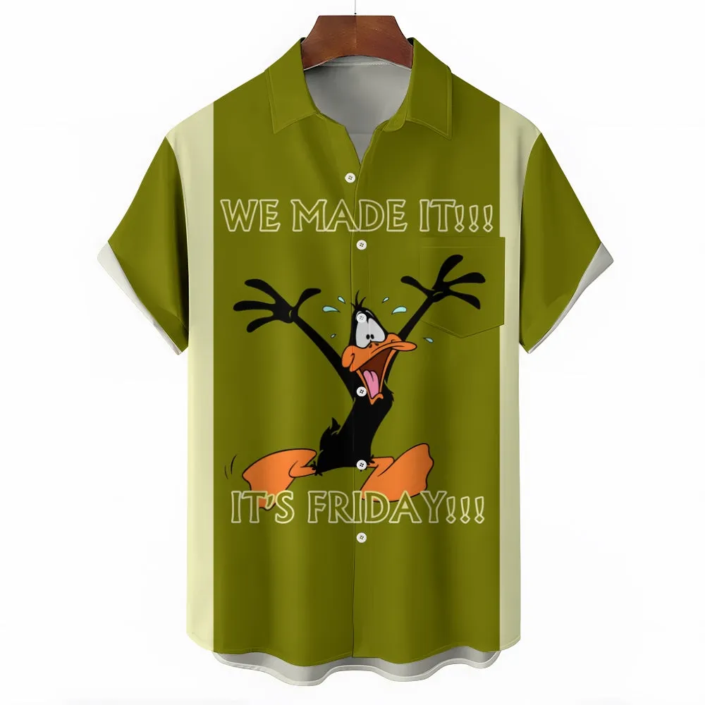 Men's Cartoon Character Print Large Bamboo Linen Short Sleeve Shirt 2406000556