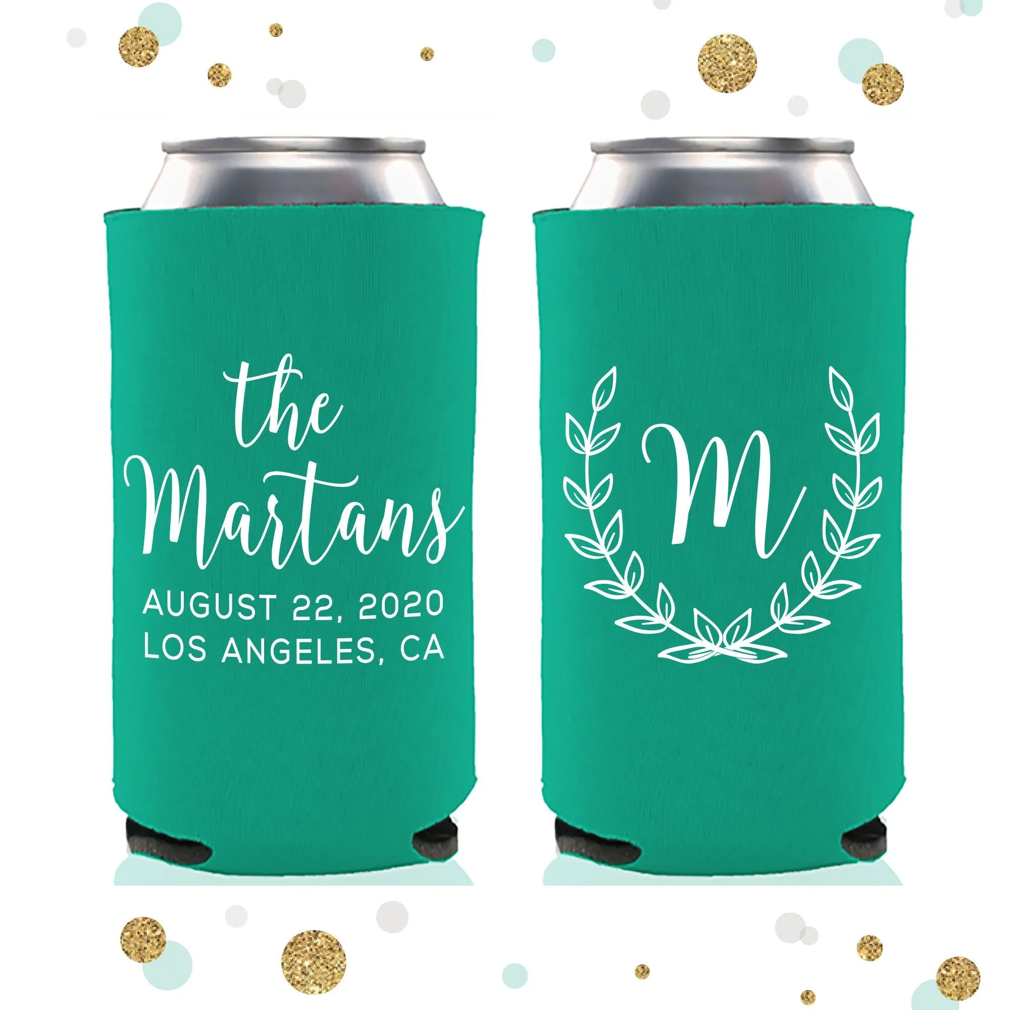 Monogram Wreath - Slim 12oz Wedding Can Cooler #107S