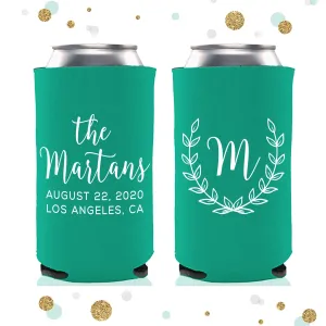Monogram Wreath - Slim 12oz Wedding Can Cooler #107S