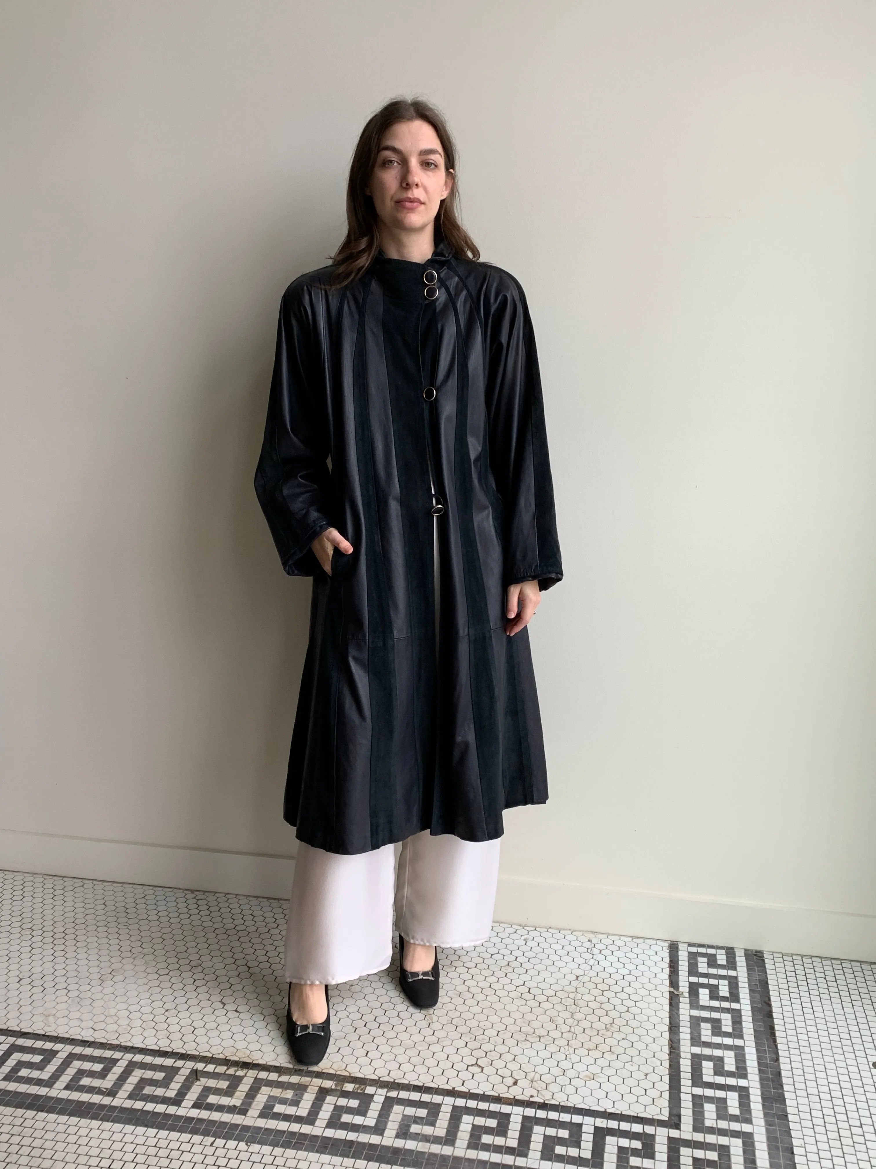 navy suede striped coat