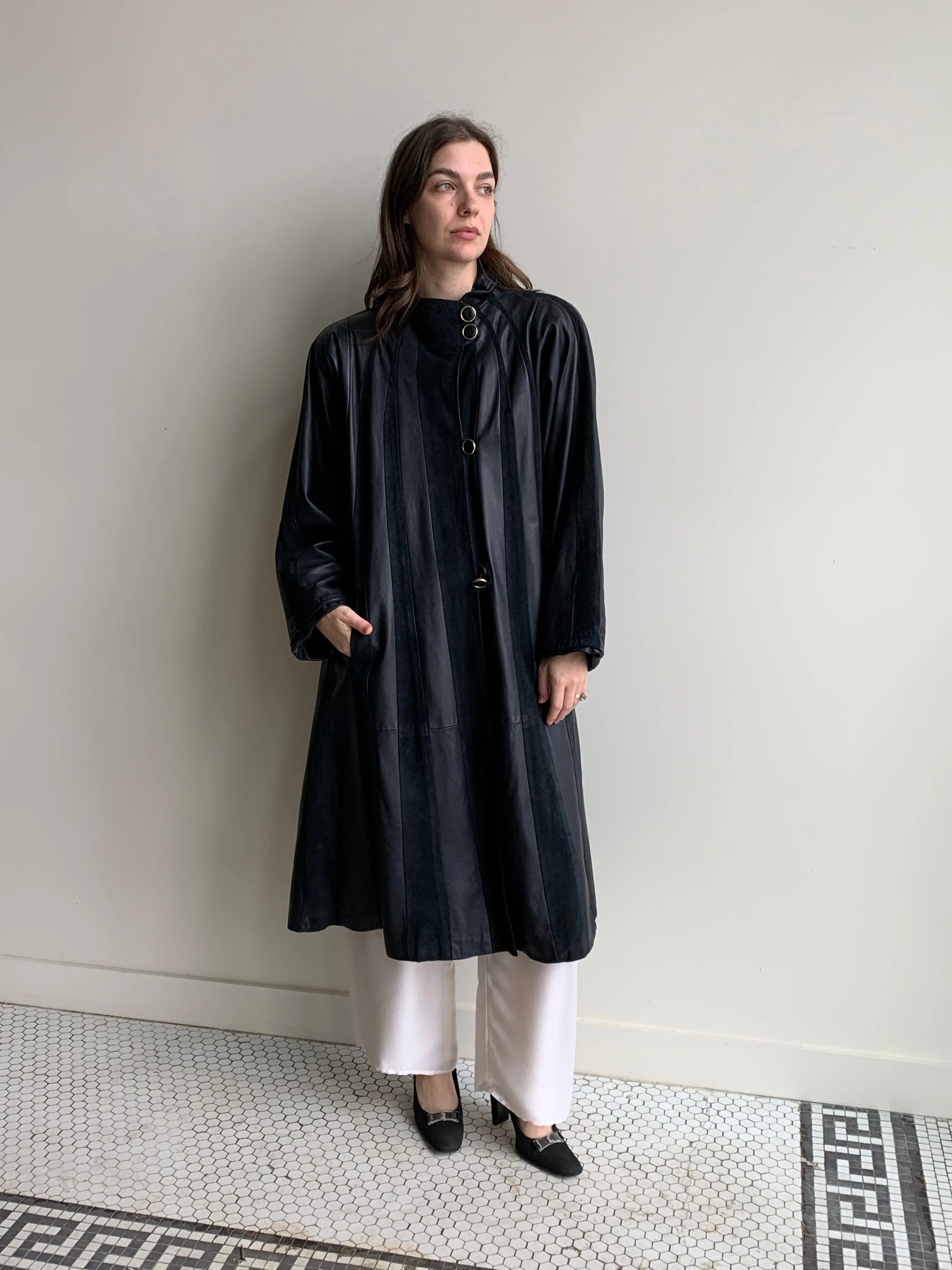 navy suede striped coat