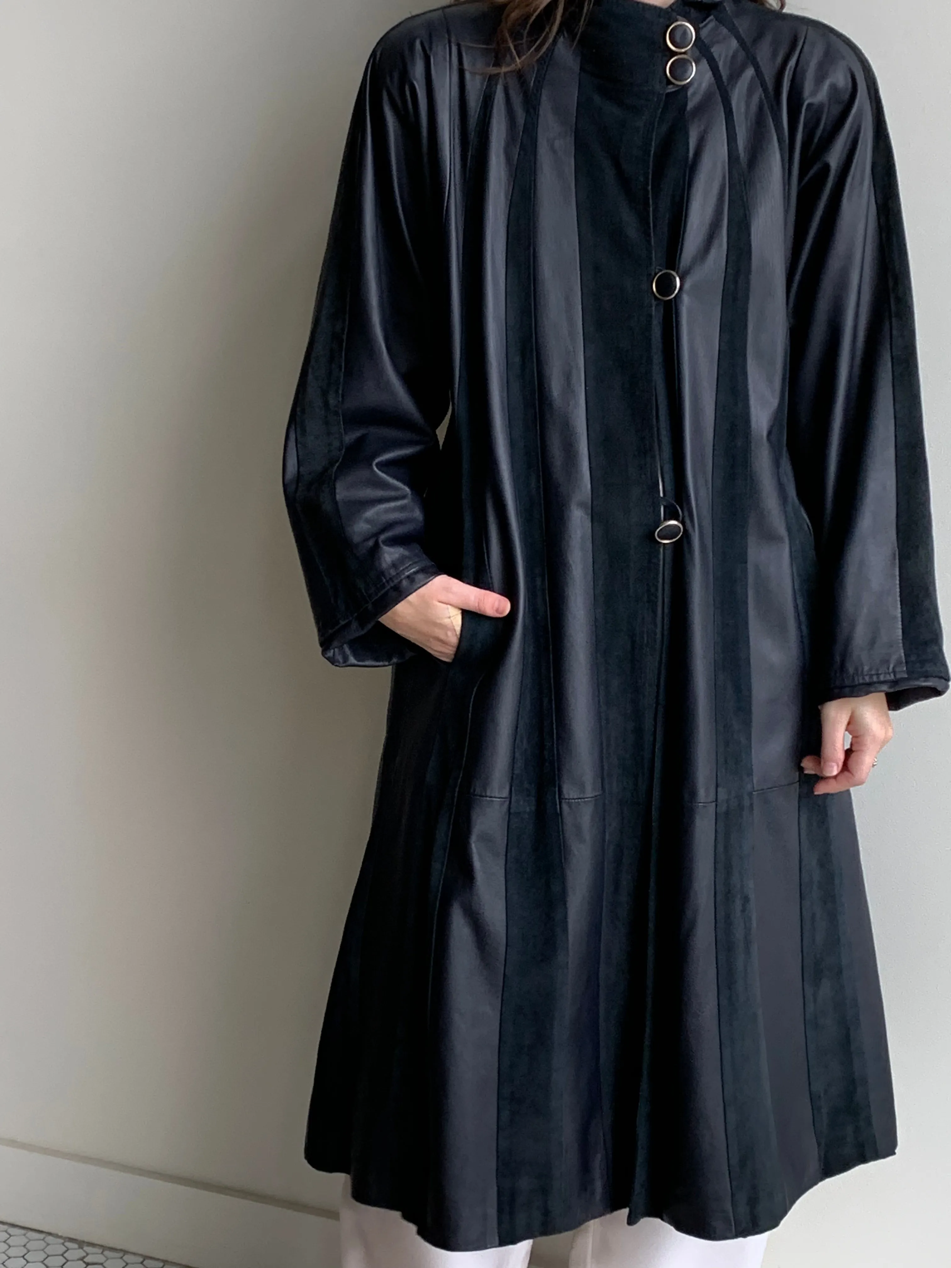navy suede striped coat