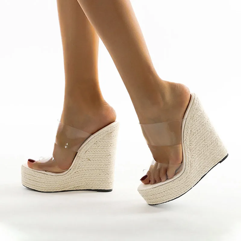 New PVC Transparent Peep Toe Cane Straw Weave Platform women wedge sandals 2021  Slippers Sandals Women Fashion High Heels Shoes