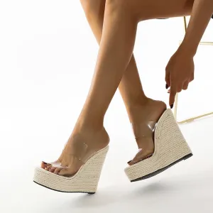 New PVC Transparent Peep Toe Cane Straw Weave Platform women wedge sandals 2021  Slippers Sandals Women Fashion High Heels Shoes