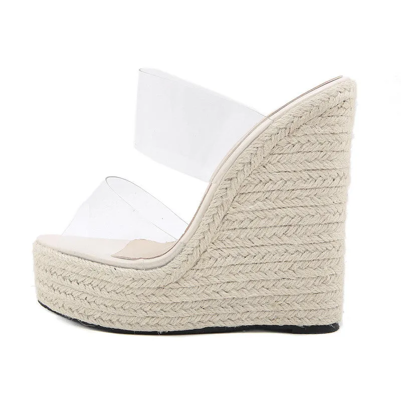 New PVC Transparent Peep Toe Cane Straw Weave Platform women wedge sandals 2021  Slippers Sandals Women Fashion High Heels Shoes