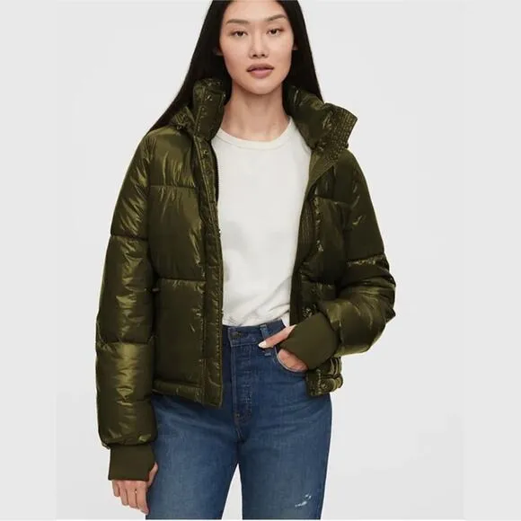 NWT Gap Green Upcycled Cropped Midweight Puffer Jacket Detachable Hood Women XS