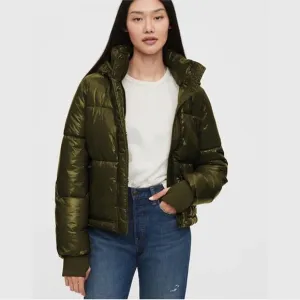 NWT Gap Green Upcycled Cropped Midweight Puffer Jacket Detachable Hood Women XS