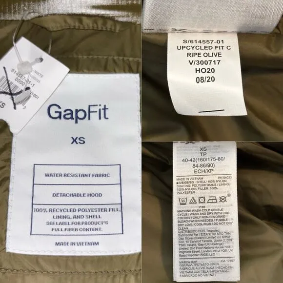 NWT Gap Green Upcycled Cropped Midweight Puffer Jacket Detachable Hood Women XS
