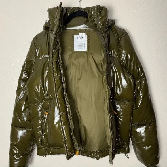 NWT Gap Green Upcycled Cropped Midweight Puffer Jacket Detachable Hood Women XS