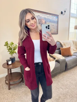 Open Front Knit Cardigan With Pockets In Wine