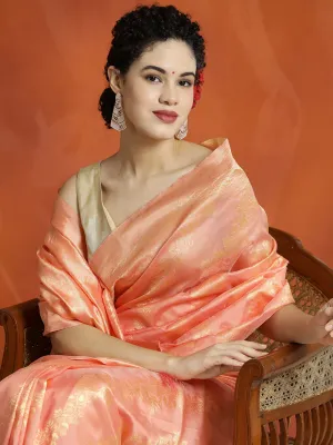 Peach Heavy Banarasi Zari Woven Silk Blend Saree