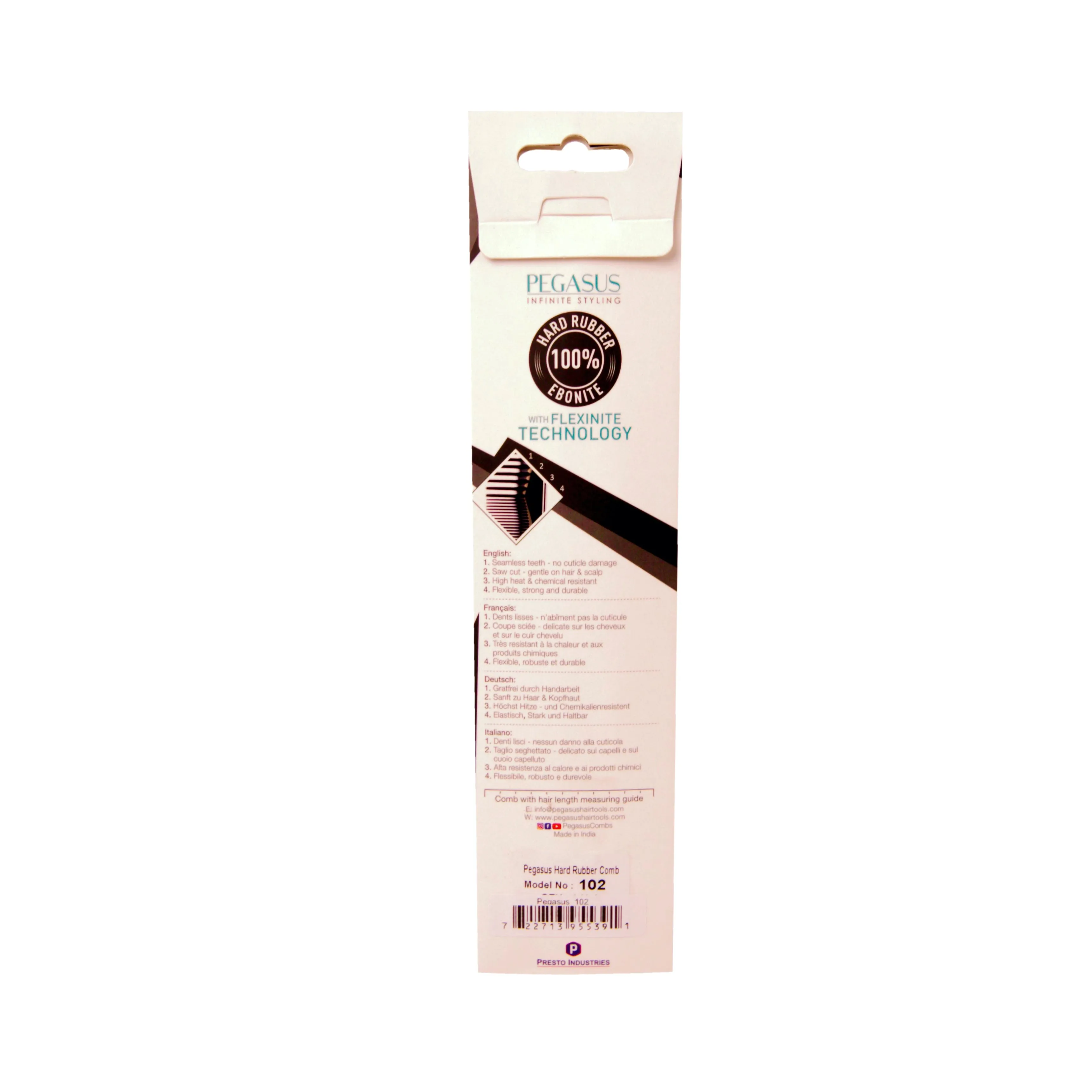 Pegasus 102, 8in Hard Rubber Course Tooth Rat Tail Comb, Handmade, Seamless, Smooth Edges, Anti Static, Heat and Chemically Resistant, Great for Parting, Coloring Hair | Peines de goma dura - Black