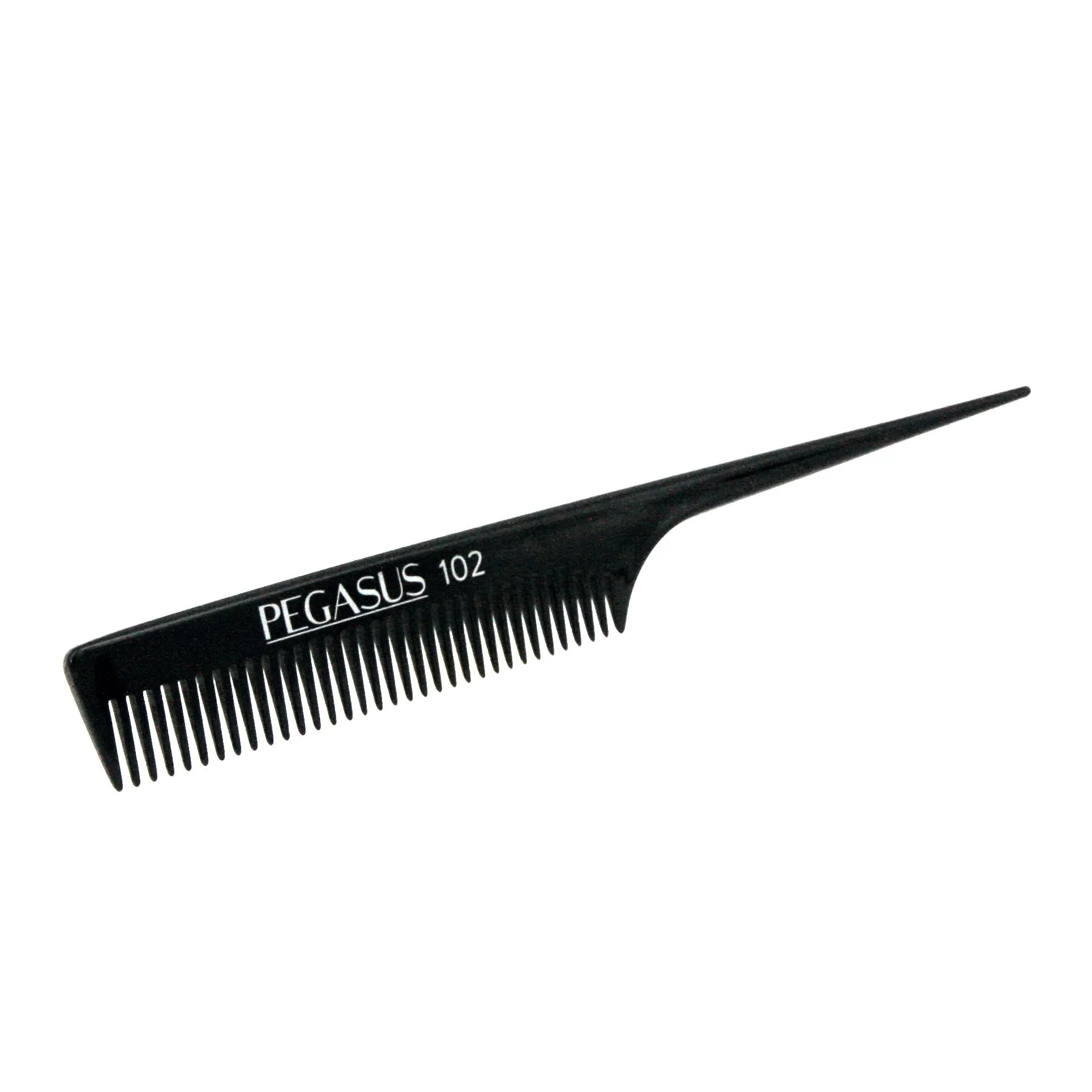 Pegasus 102, 8in Hard Rubber Course Tooth Rat Tail Comb, Handmade, Seamless, Smooth Edges, Anti Static, Heat and Chemically Resistant, Great for Parting, Coloring Hair | Peines de goma dura - Black