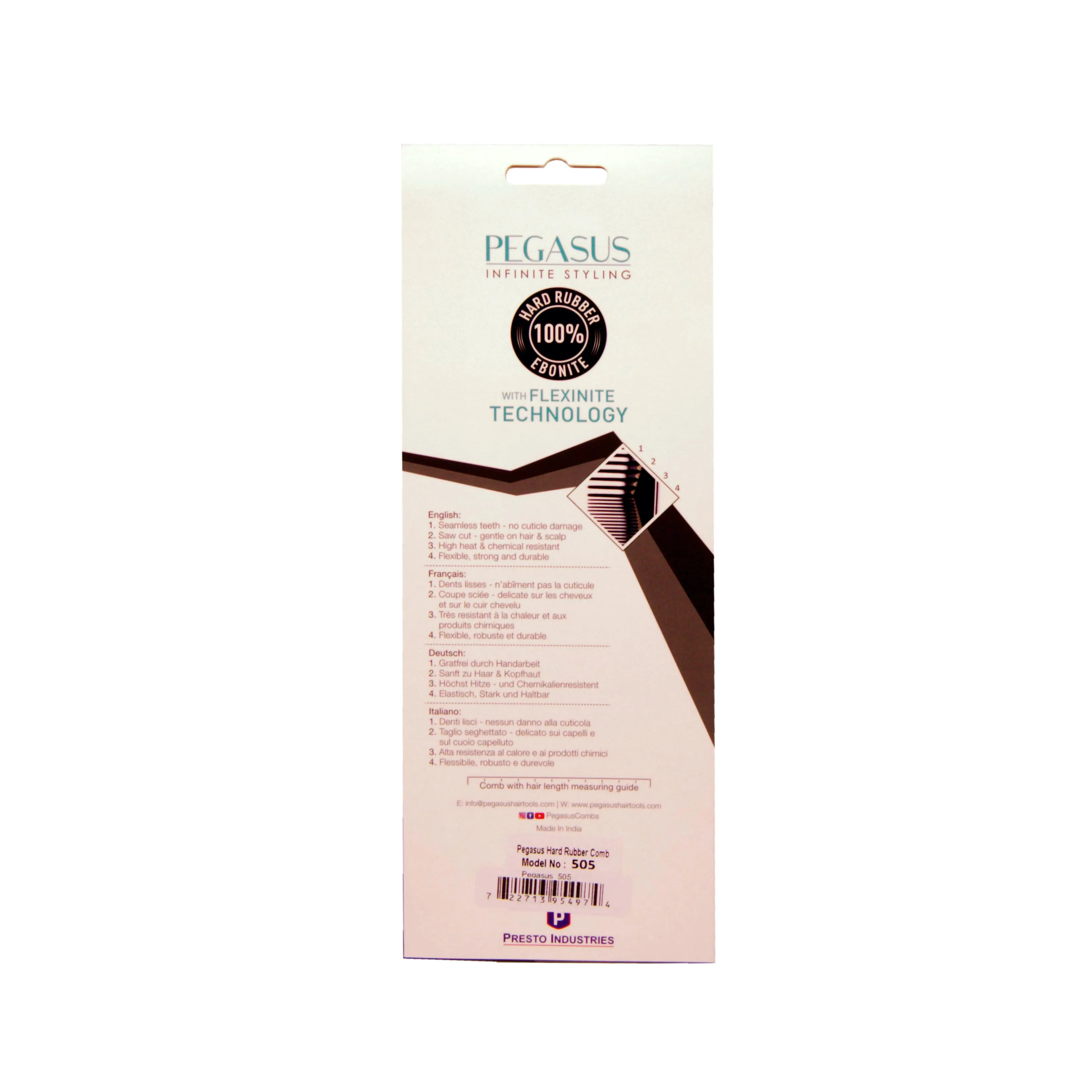 Pegasus 505, 7in Hard Rubber Afro Pick Comb, Handmade, Seamless, Smooth Edges, Anti Static, Heat and Chemically Resistant, Wet Hair, Everyday Grooming Comb | Peines de goma dura - Black