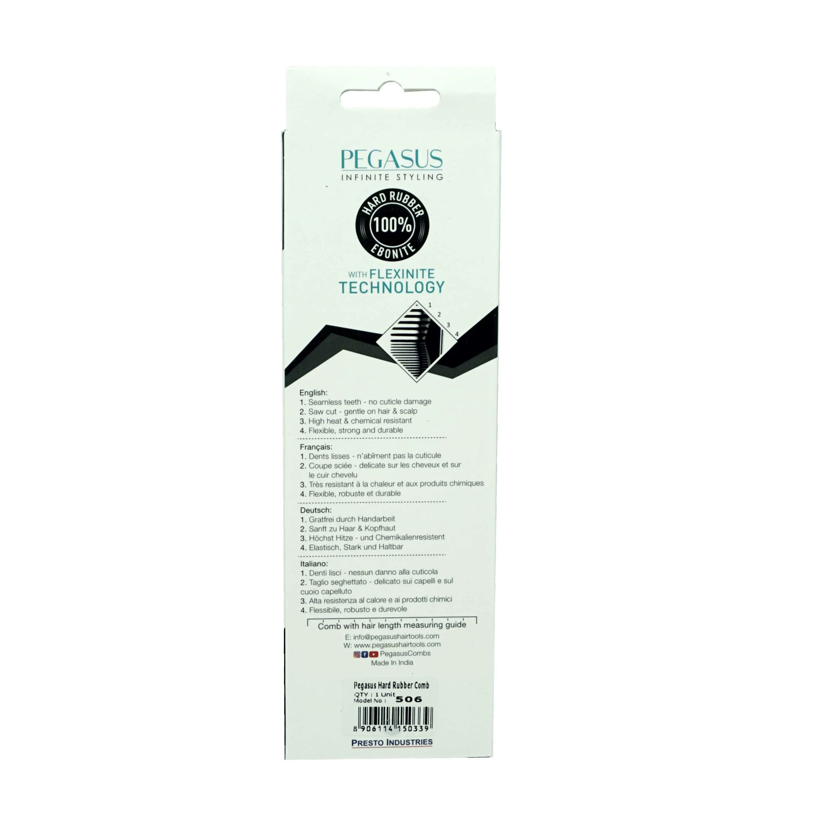 Pegasus 506, 6.5in Hard Rubber Detangling Handled Styling Rake Comb, Seamless, Smooth Edges, Anti Static, Heat and Chemically Resistant, Wet Hair, Everyday Grooming Comb | Peines de goma dura - Black