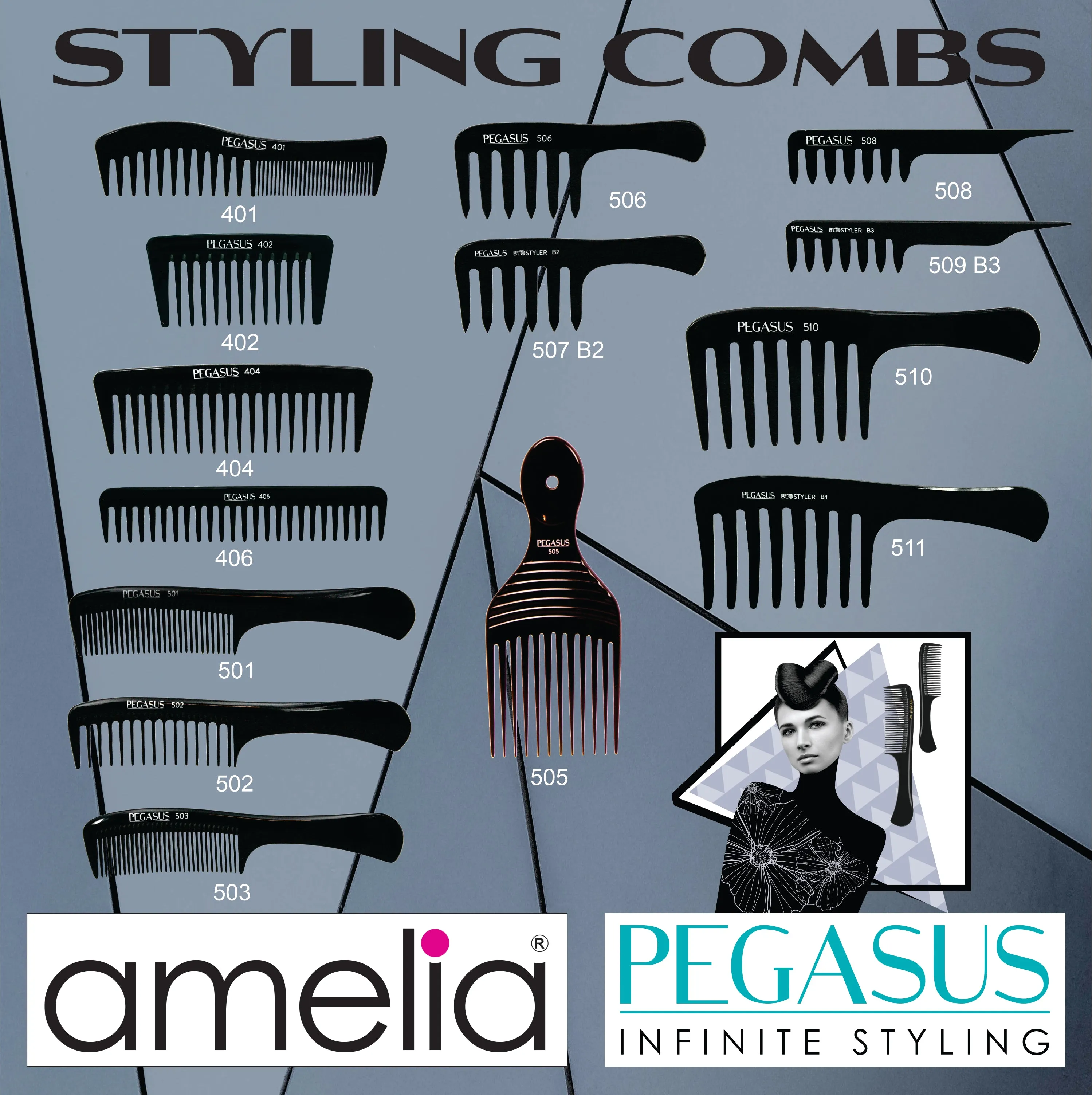 Pegasus 506, 6.5in Hard Rubber Detangling Handled Styling Rake Comb, Seamless, Smooth Edges, Anti Static, Heat and Chemically Resistant, Wet Hair, Everyday Grooming Comb | Peines de goma dura - Black