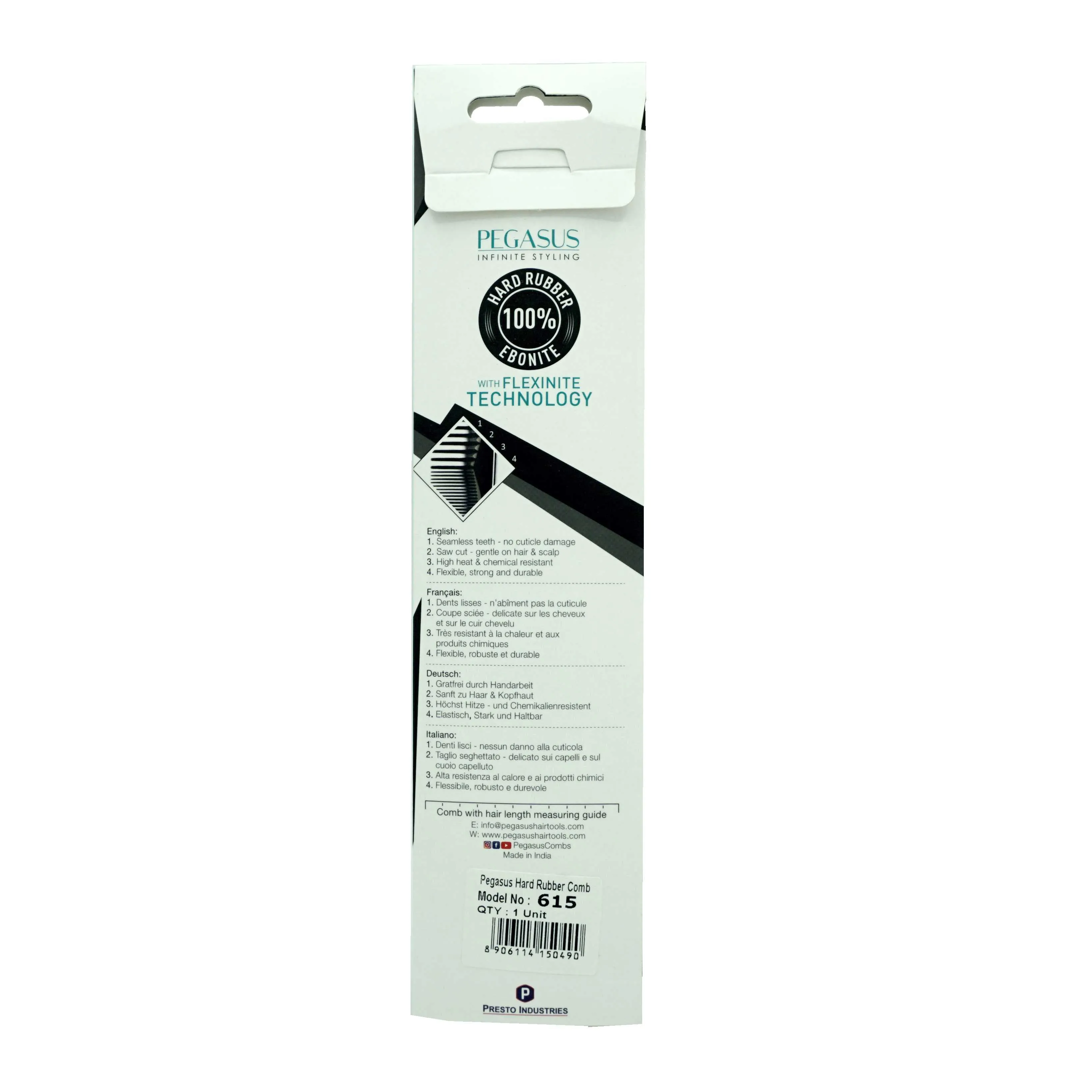 Pegasus 615, 7in Hard Rubber Clipper Comb, Handmade, Seamless, Smooth Edges, Anti Static, Heat and Chemically Resistant, Portable Pocket Purse Dresser Comb | Peines de goma dura - Black