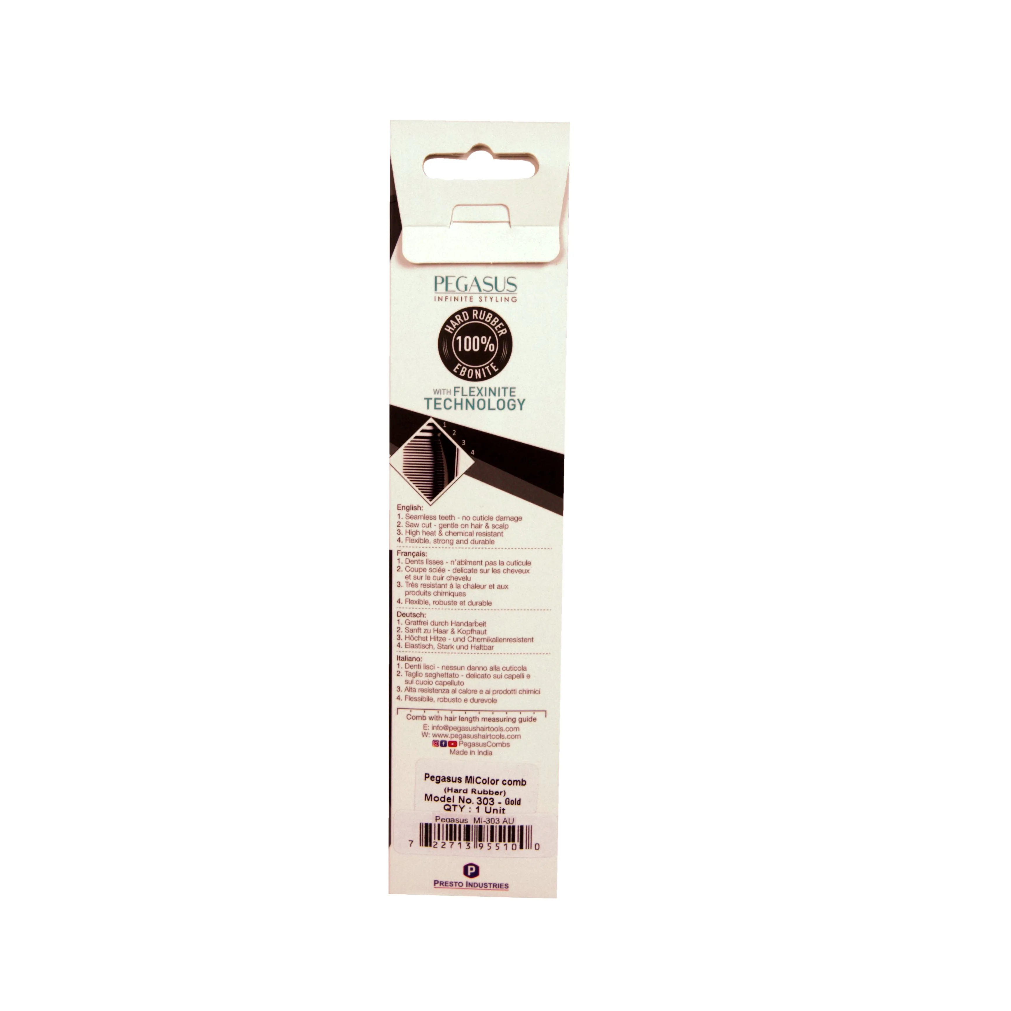 Pegasus MICOLOR 303, 6.5in Hard Rubber Heavy Barber Comb, Handmade, Seamless, Smooth Edges, Anti Static, Heat and Chemically Resistant, Wet Hair, Everyday Grooming Comb | Peines de goma dura - Gold