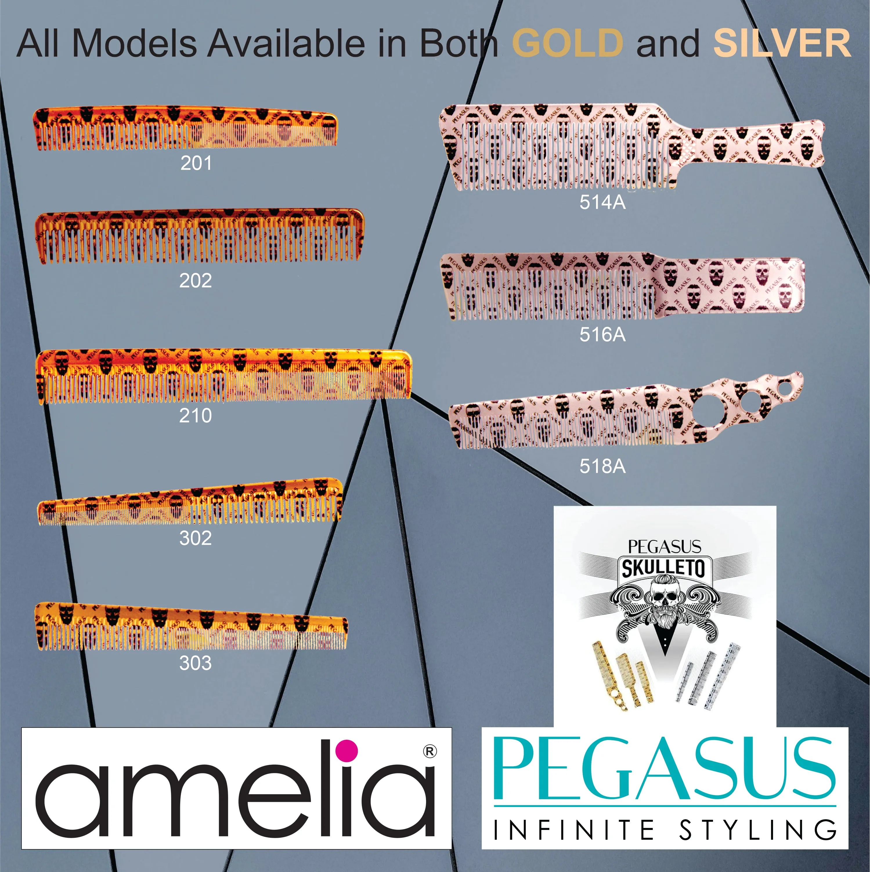 Pegasus Skulleto 516A, 8in Hard Rubber Fine Tooth Klipper Comb, Handmade, Seamless, Smooth Edges, Anti Static, Heat and Chemically Resistant Comb | Peines de goma dura - Gold