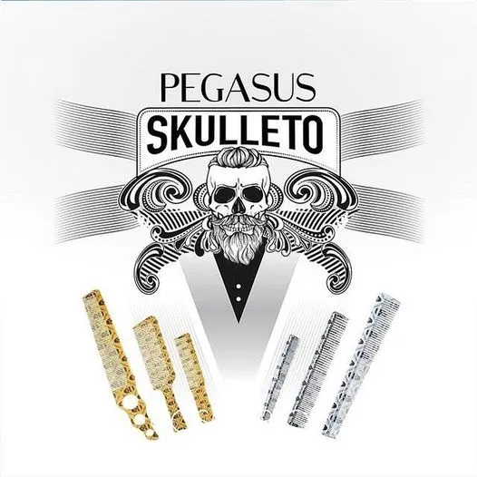 Pegasus Skulleto 516A, 8in Hard Rubber Fine Tooth Klipper Comb, Handmade, Seamless, Smooth Edges, Anti Static, Heat and Chemically Resistant Comb | Peines de goma dura - Gold
