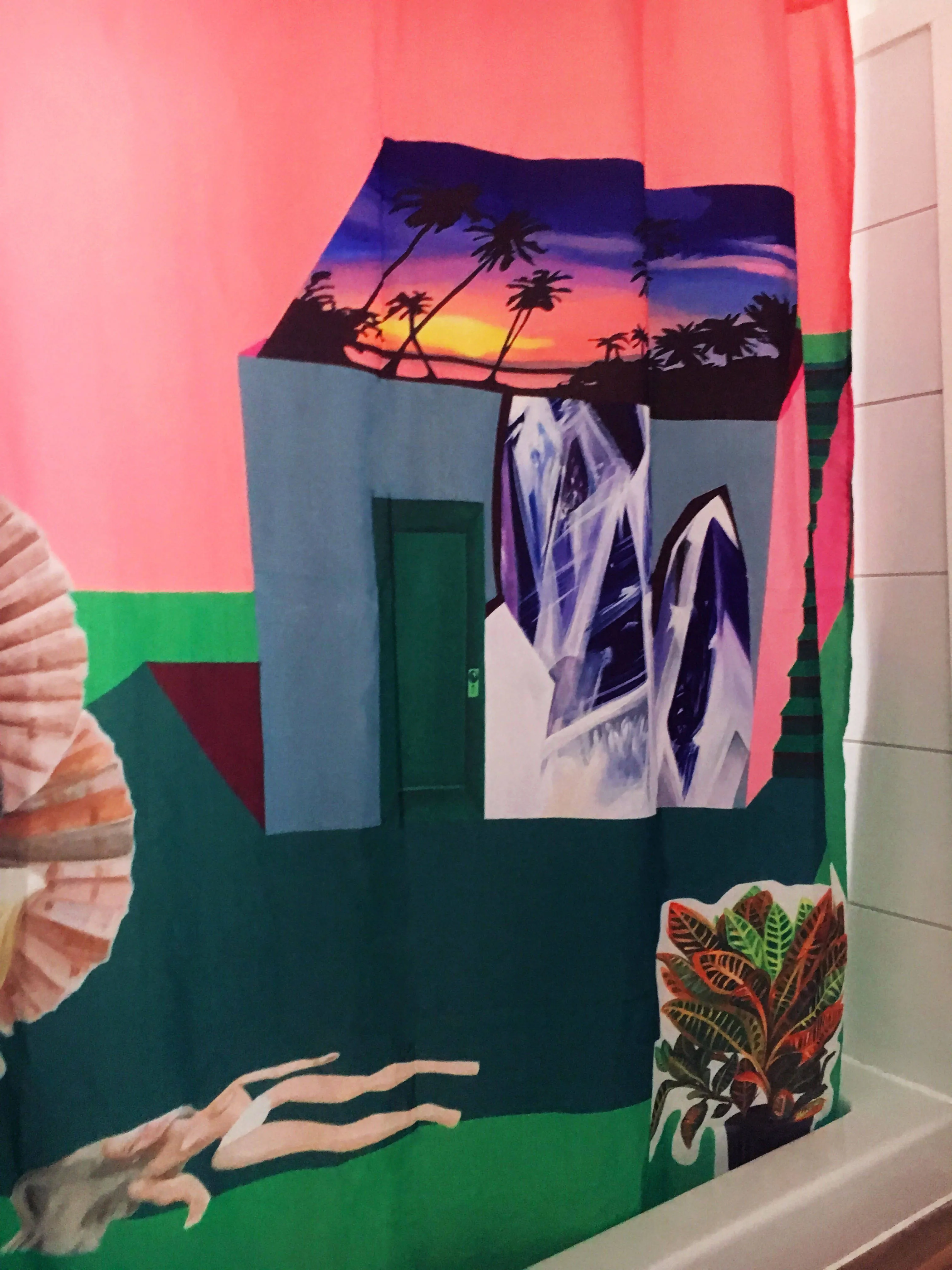 Rideau de douche de polyester, durable et lavable, conçu en collaboration avec l'artiste peintre marlene brando