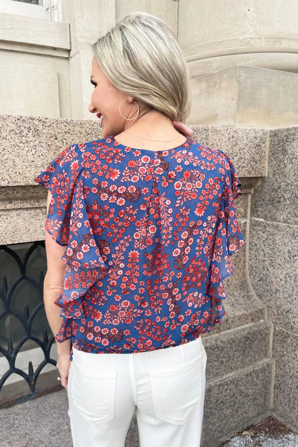 Ruffle Sleeve Draped Front Woven Blouse
