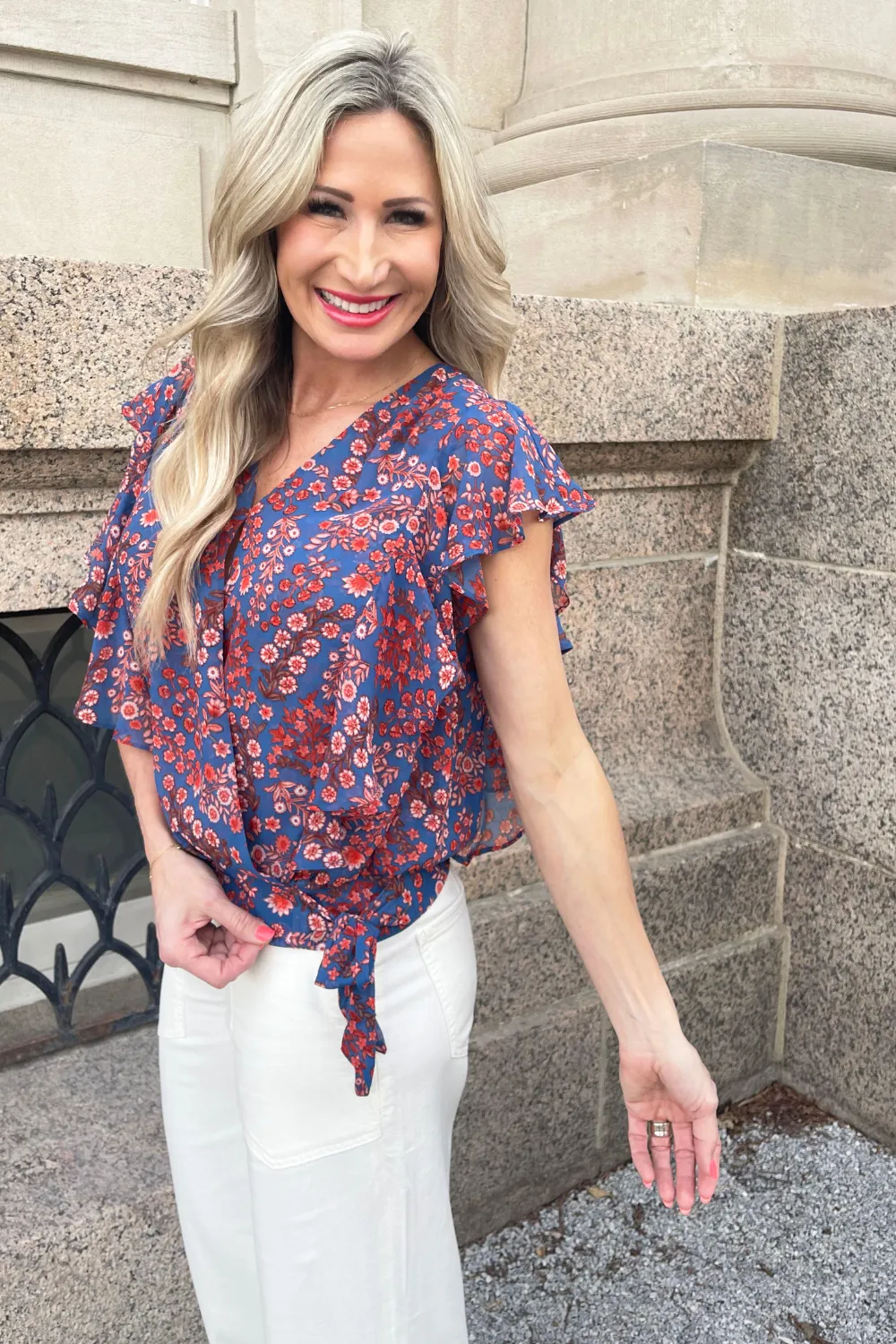Ruffle Sleeve Draped Front Woven Blouse