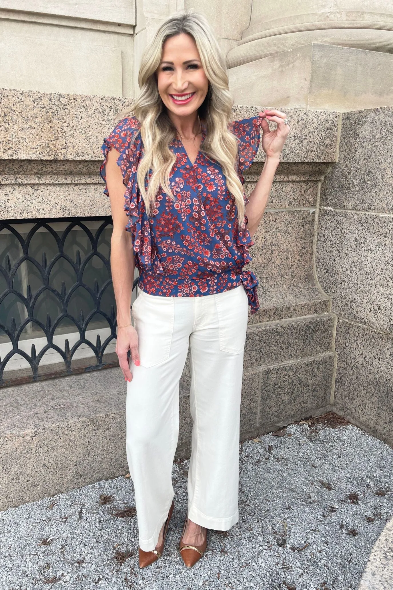 Ruffle Sleeve Draped Front Woven Blouse