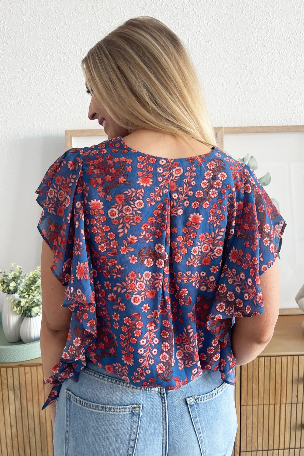 Ruffle Sleeve Draped Front Woven Blouse