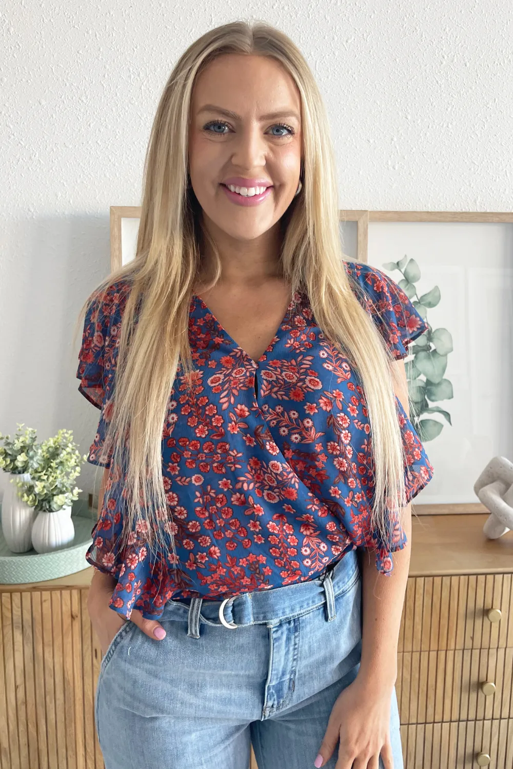 Ruffle Sleeve Draped Front Woven Blouse