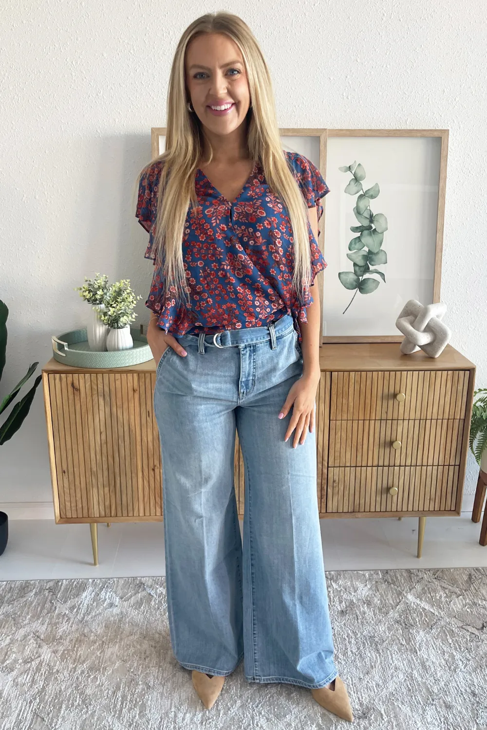 Ruffle Sleeve Draped Front Woven Blouse