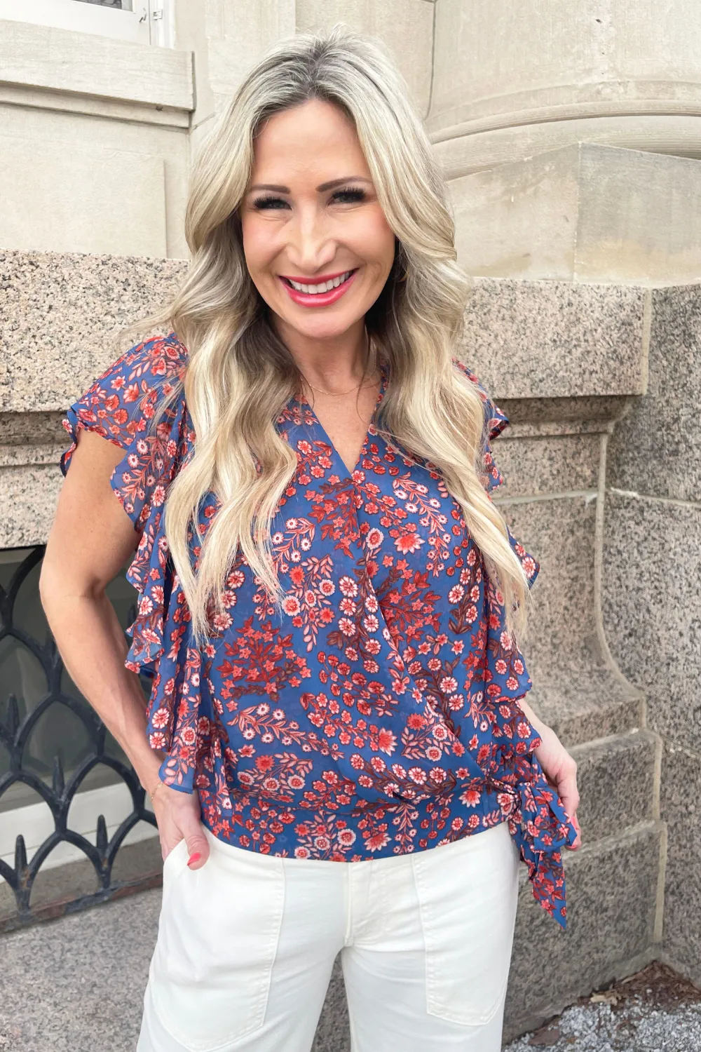 Ruffle Sleeve Draped Front Woven Blouse