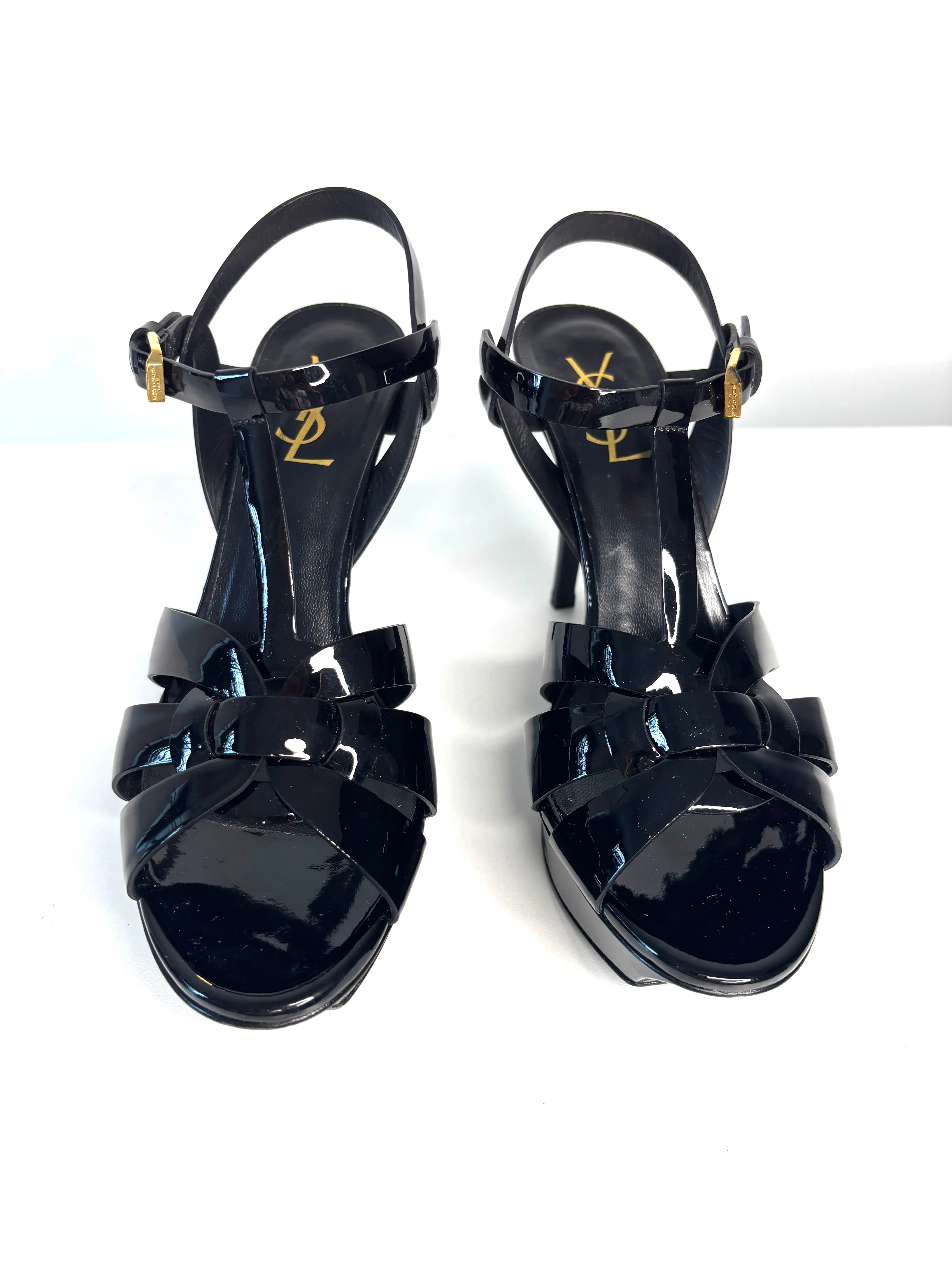 Saint Laurent Tribute 75 Black Patent Leather Heels Sandals 38.5 UK5.5 - Preloved