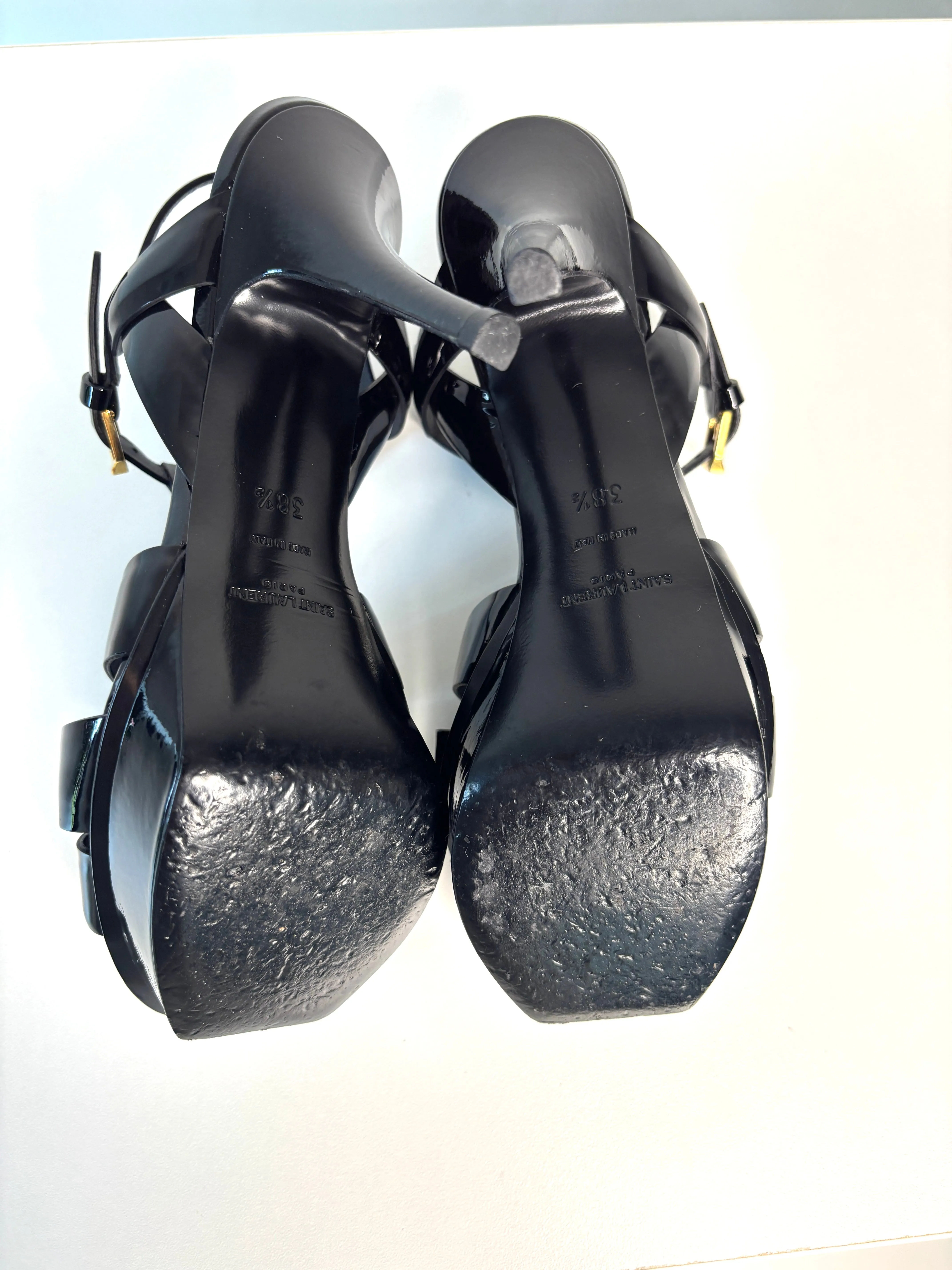Saint Laurent Tribute 75 Black Patent Leather Heels Sandals 38.5 UK5.5 - Preloved