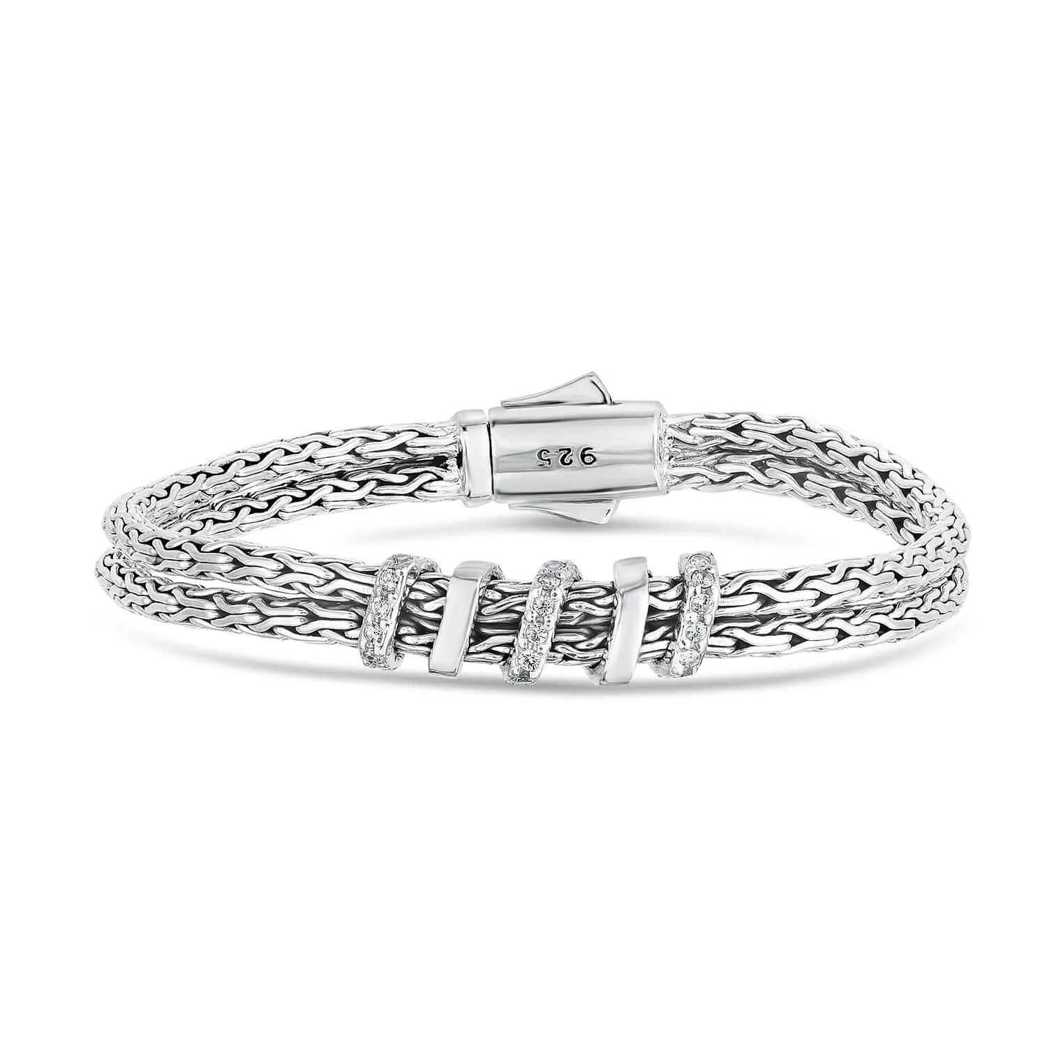 Silver and White Sapphire Double Woven Spiral Bracelet